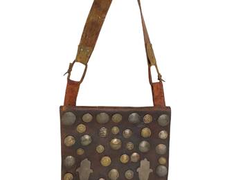 Vintage Moroccan Berber Studded Leather Bag with Hamsa & Coins, c. 1940s
