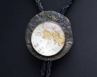 Vintage Mid-Century Modernist Brutalist Studio Sterling Silver & Gold Leaf Collage Bolo Tie c. 1960s
