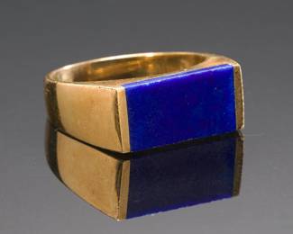 Vintage Modernist 14k Yellow Gold & Royal Blue Lapis Lazuli Statement Ring, Sz. 9
