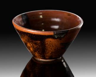 Vintage MCM Studio Art Pottery Bowl, Signed GL HF, Hand-Thrown Stoneware, Tenmoku Glaze
