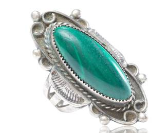 Vintage Navajo Handcrafted Malachite & Sterling Silver Ring, c. 1960s, Size 7
