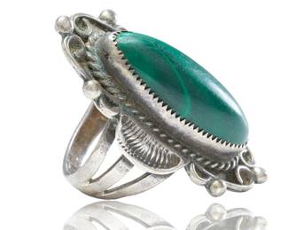 Vintage Navajo Handcrafted Malachite & Sterling Silver Ring, c. 1960s, Size 7
