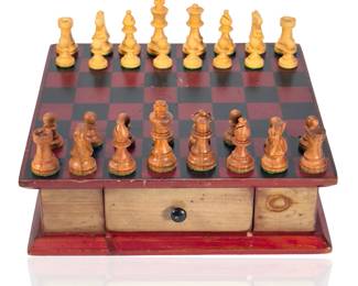 Vintage Hand-Carved Wood Chess & Checkers Set w/ Storage Drawer, Mid-Century Rustic Game Board
