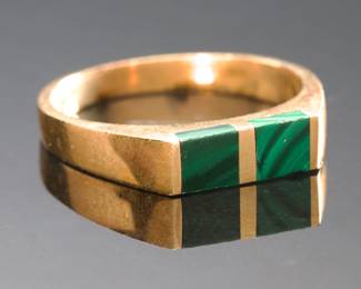 Vintage Mid-Century Modernist 14k Gold & Malachite Inlay Geometric Unisex Band Ring
