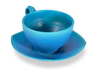 Signed SG Studio Art Pottery Cup & Saucer Modernist Turquoise Blue Glaze
