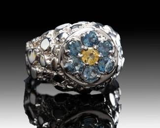 Vintage Men's Heavy 14K White Gold Blue & Yellow Topaz Kentucky Cluster Ring Brutalist Nugget Style Sz 10.75
