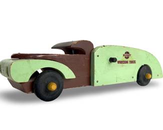 Vintage Buddy L Wrecking Truck Wooden Toy - Circa 1930s - Green & Brown - Pressed Steel Body - 16" Long
