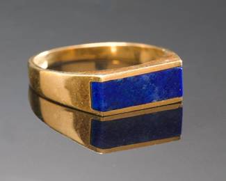 Minimalist 14k Yellow Gold Signet Ring w/ Royal Blue Lapis Lazuli Inlay c. 1960s
