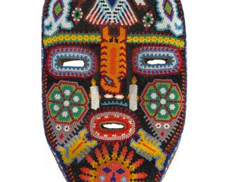 Vintage Wixárika (Huichol) Beaded Shamanic Jaguar Mask Nierika, Mexican Folk Art
