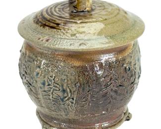 Vintage Brutalist Studio Pottery Lidded Jar with Sculptural Frog Feet, Wabi-Sabi
