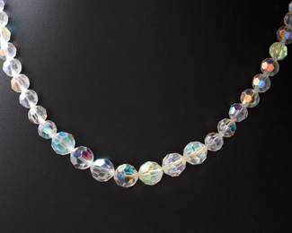 Vintage 1950s Aurora Borealis AB Crystal Graduated Necklace Mid-Century Faceted Bead Jewelry G Mark
