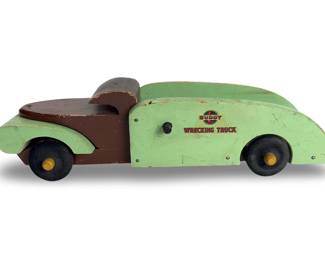 Vintage Buddy L Wrecking Truck Wooden Toy - Circa 1930s - Green & Brown - Pressed Steel Body - 16" Long
