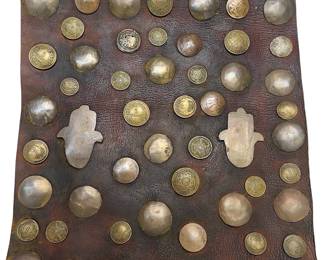 Vintage Moroccan Berber Studded Leather Bag with Hamsa & Coins, c. 1940s

