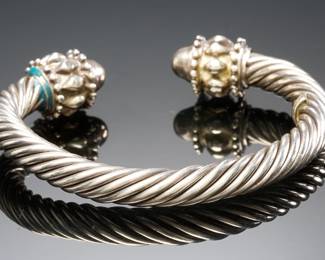 Vintage Mexican Sterling Silver 925 Ornate Granulated End Cable Cuff Bracelet
