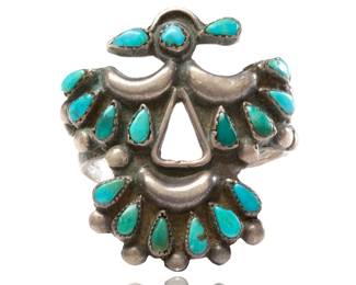 Vintage Zuni Petit Point Turquoise Peyote Bird Ring Sterling Silver Mid-Century Native American Jewelry Size 9
