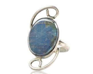 Artisan Handcrafted Sterling Silver Modernist Ring w/ Vivid Blue Labradorite c. 1960
