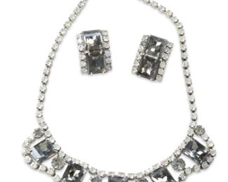 Vintage 1950s "Black Diamond" Rhinestone Demi-Parure Necklace & Earrings Set | Mid-Century Open Back Construction Weiss Style
