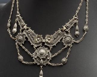 Vintage 1940s INDO-CRAFT Etruscan Revival Festoon Necklace by Rice-Weiner, Signed, Antiqued Silver-Tone Filigree
