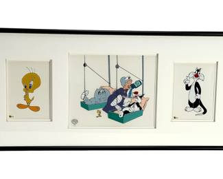 Warner Bros Looney Tunes Sericel Triptych GREEDY FOR TWEETY (1957) Framed Animation Art ft. Sylvester, Tweety, Granny & Hector
