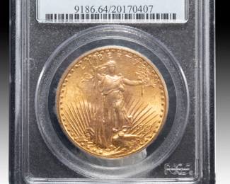 1927 $20 Saint-Gaudens Gold Double Eagle Coin, Graded PCGS MS64 Choice Uncirculated