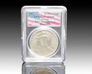 1991 $1 American Silver Eagle PCGS Gem Unc - Certified WTC Ground Zero 9/11 Recovery Coin w/ PNG Sticker & Toning
