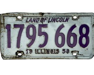 Vintage 1958 Illinois License Plate - "Land of Lincoln" - Authentic Original, Purple & White
