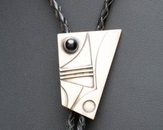 Vintage 1970s Artist Signed CMG Sterling Silver & Onyx Modernist Brutalist Studio Craft Bolo Tie
