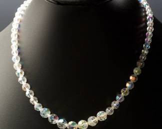 Vintage 1950s Aurora Borealis AB Crystal Graduated Necklace Mid-Century Faceted Bead Jewelry G Mark
