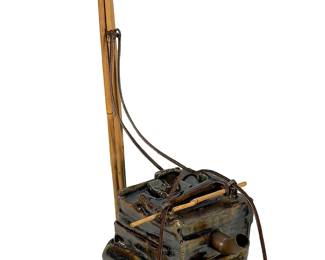 Vintage Monumental Brutalist Studio Pottery Sculptural Teapot, c. 1970s | Architectural Mixed-Media Ceramic, Bamboo & Leather in Wabi-Sabi Aesthetic
