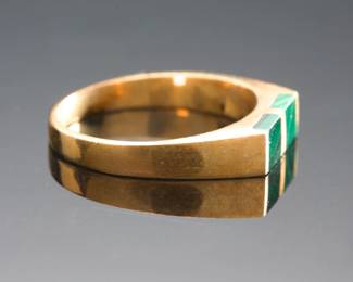 Vintage Mid-Century Modernist 14k Gold & Malachite Inlay Geometric Unisex Band Ring
