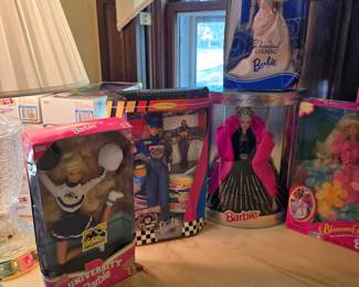 Michigan, NASCAR, Holiday, Enchanted Evening.   Additional Barbies not in pics - Children's Doctor Barbie with Kelly, Flip n Dive Barbie, Cool Shopping Barbie, Bead Blast Barbie, "I Love Lucy" Barbie, and more...