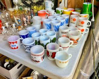 Vintage printed milk glass mugs and cups