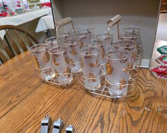 VTG Libbey Gold Leaf Foilage Tumblers Glass Bar Set Metal Caddy MCM