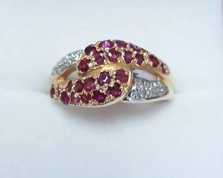 Ruby and diamond ring in 14k yellow gold. Approx sz 7