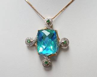 Peacock topaz diamond and emerald pendant in 14k yellow gold and a long chain