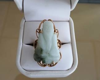 Jade Buddha ring in 14k yellow gold setting. Approx sz 7.5