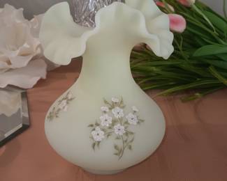 Fenton satin custard hand painted uranium glass vase