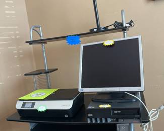Computer desk, HP Envy 5530e Printer, IBM Think Center