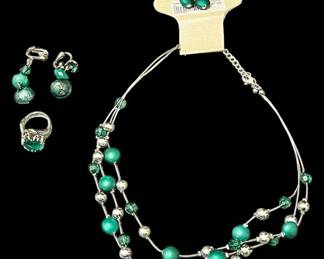 Green Silver Toned Costume Jewelry