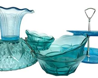 Aqua Blue Glass Cupcake Stand, Chip N Dip Bowls And More
