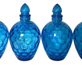 Four Wheaton Blue Reverse Honeycomb Glass Decanters w Lids