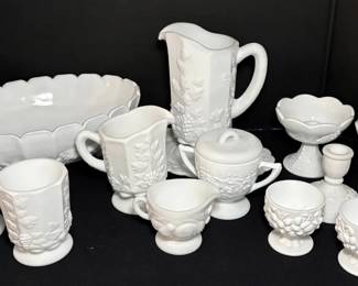 Milk Glass Fruit Bowl, Pitcher, Serving Dishes