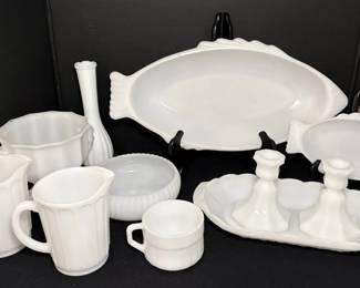 Milk Glass Fish Trays, Serving Dishes, Candle Holders, More