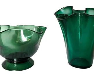 Two Large Ruffled Green Glass Vases