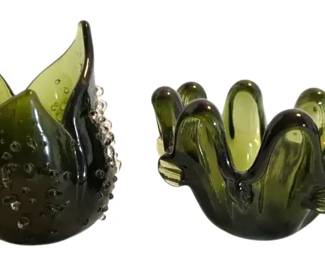 Two Olive Green Blown Glass Candle Holders