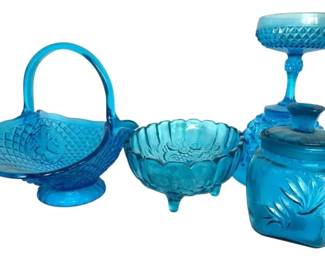Blue Glass Basket, L.E. Smith Canister More Glassware