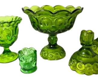 L.E. Smith Green Glass Moon Stars Compote, Candle Holders  More