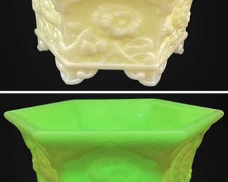 Fenton Uranium Lime Green Floral Glass Hexagonal Planter