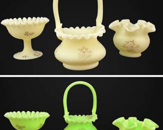 Fenton HandPainted Uranium Custard Glass Basket, Ruffled Bowl,  Crimped Compote