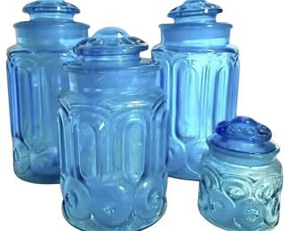 L.E. Smith Teal Blue Moon Stars Glass Canisters